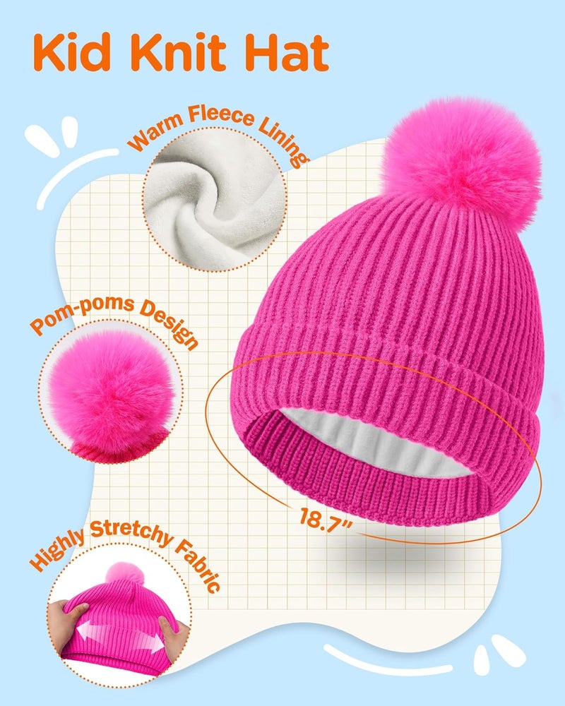 Wandx Kids Winter Hat Gloves Scarf Set Children Pompom Knit Beanie Warm Gloves with Thick Fleece for Boys Girls Ages 4-12 - Image 2